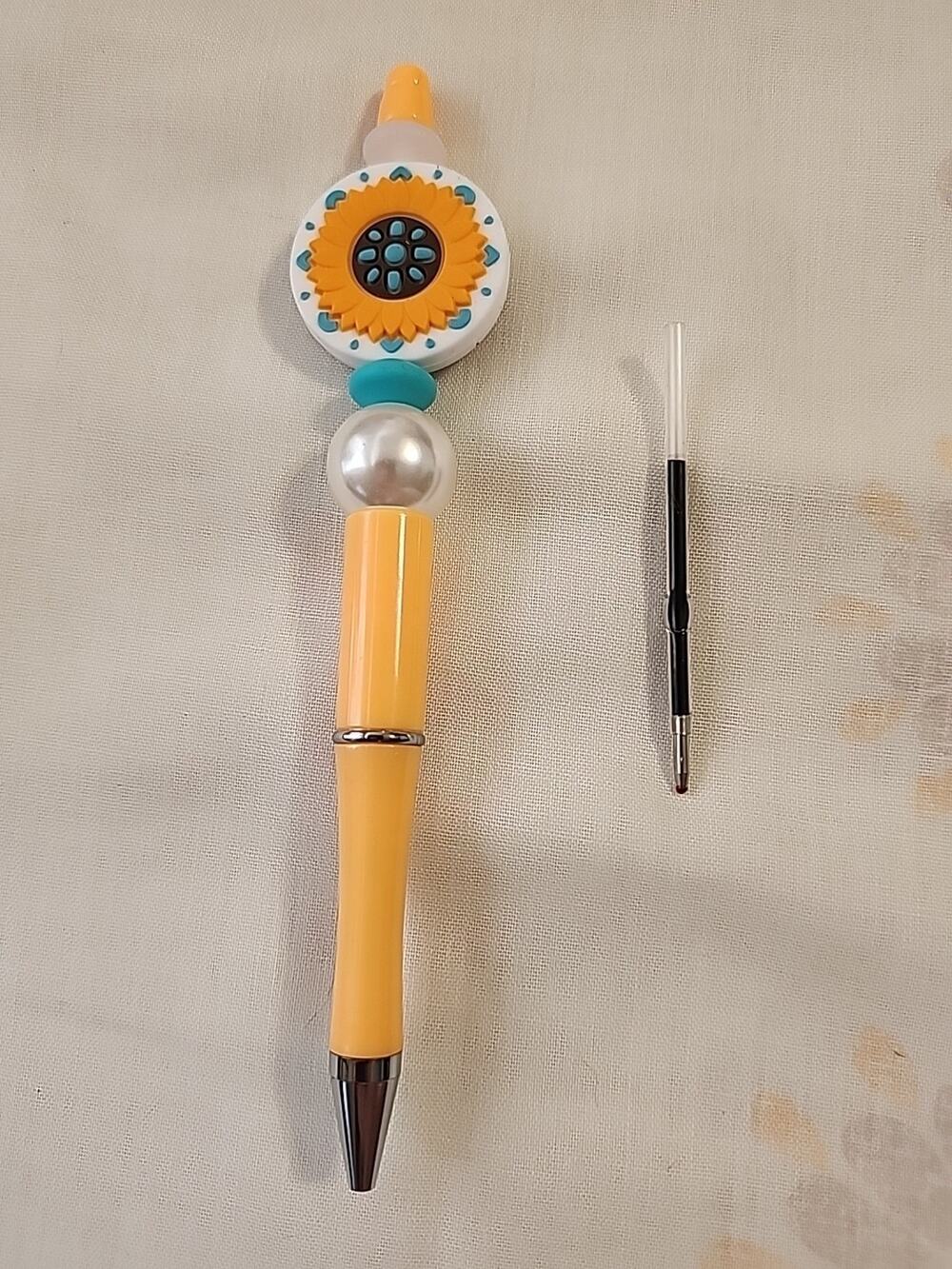 Bead Pen Sunflower Silicone Beads Orange White Extra Ink Cartridge